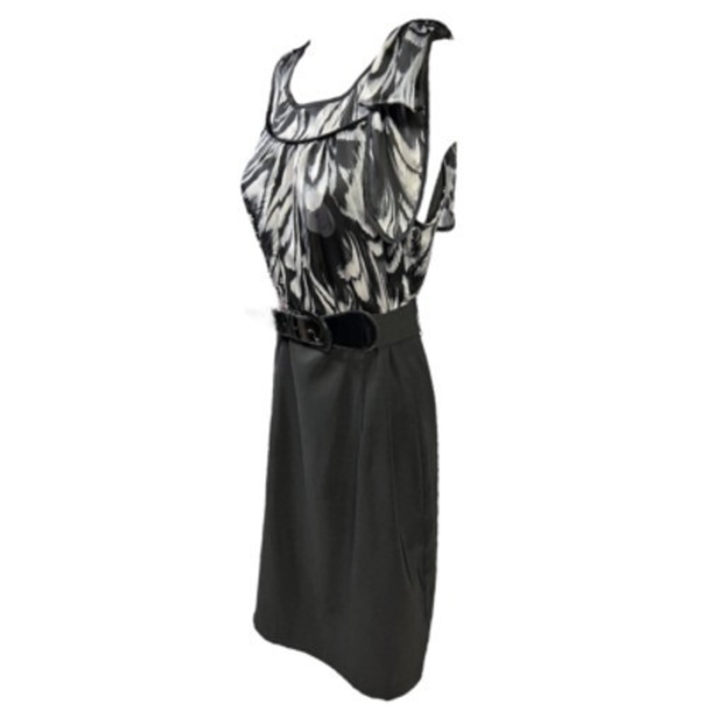 AB Studio Sheath Dress Black Grey Feather Print Women Size 6 Belted Elegant - Picture 5 of 13